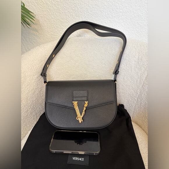 Versace Virtus Black Leather Shoulder Crossbody Bag NWT - Picture 10 of 12